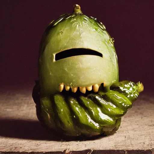 Prompt: portrait photograph of a pickle with a screaming face