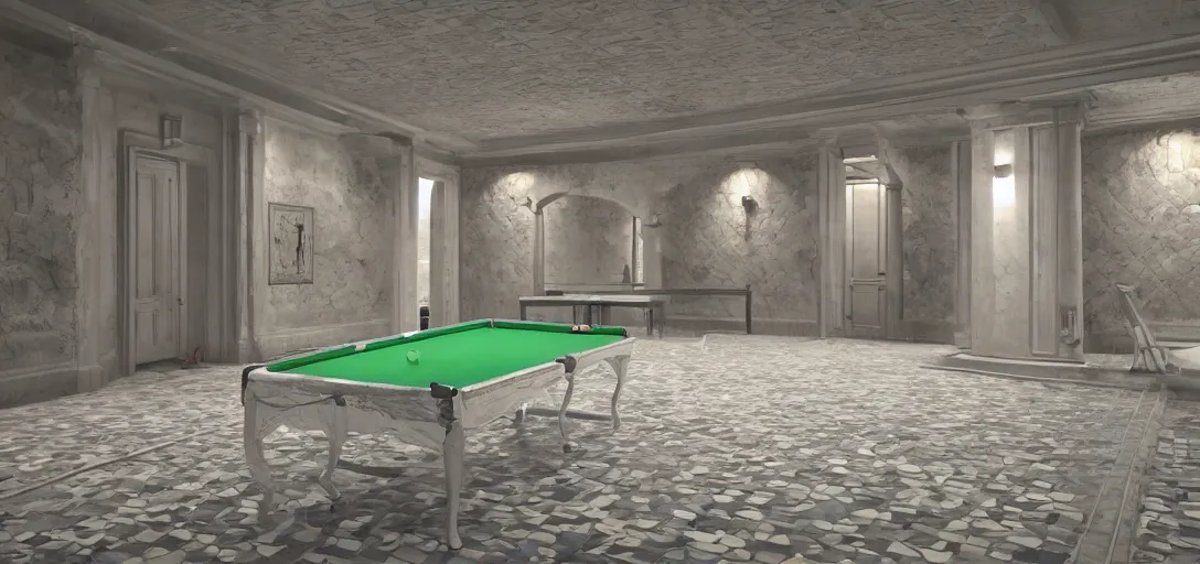 Image similar to photo of non - euclidean pool room, no window, tiled walls, led lights, 8 k photorealistic, hd, high details, trending on artstation