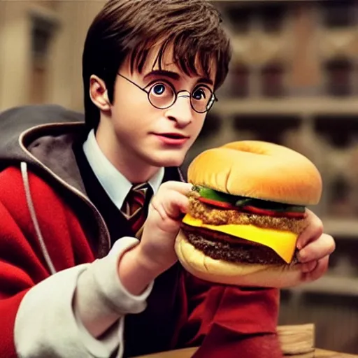 Prompt: Harry Potter eating a cheeseburger, photo realistic, award-winning, highly-detailed, epic, cinematic, dramatic