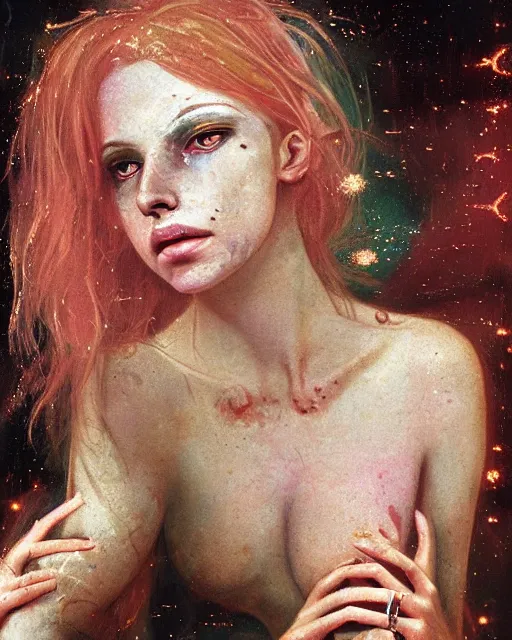 Image similar to a beautiful and eerie baroque painting of a gorgeous woman in dead space, with wild blonde hair and haunted eyes and freckles, 1 9 7 0 s, seventies, space station, neon light showing injuries, delicate ex embellishments, painterly, offset printing technique, inspired by hans bellmer