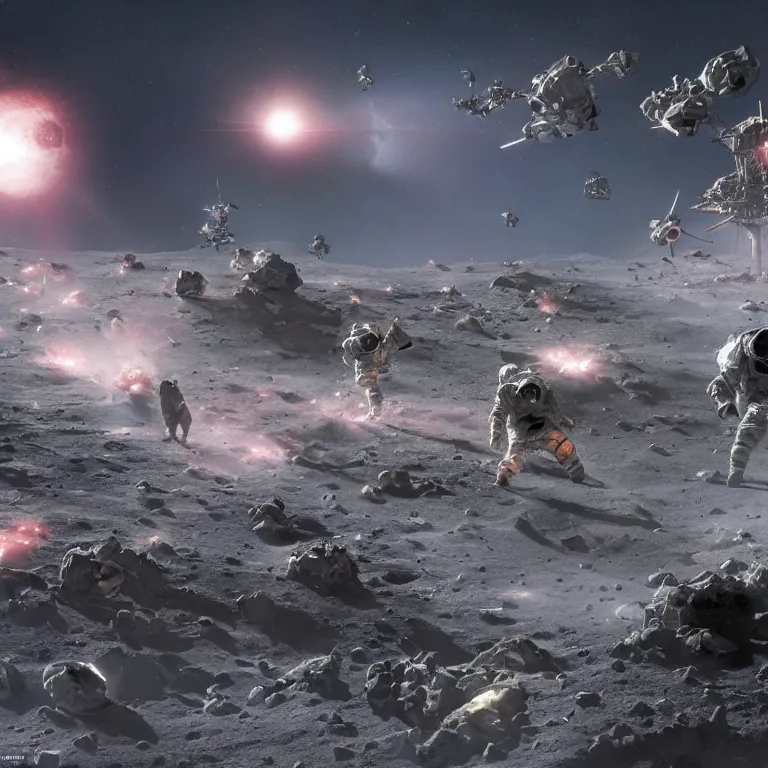 Prompt: soldiers fighting on the moon, moon revolution, earth visible in the background, sci - fi battle scene, beautiful colors, space warfare, 8 k, by craig mullins