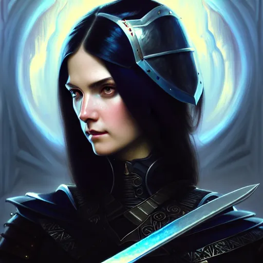 Image similar to portrait, woman dressed in plate armor with black hair and blue eyes wielding a greatsword, elegant, digital illustration, fire magic, detailed, intricate, sharp focus, digital painting, deep focus, digital painting, artstation, concept art, matte, art by artgerm and greg rutkowski and alphonse mucha