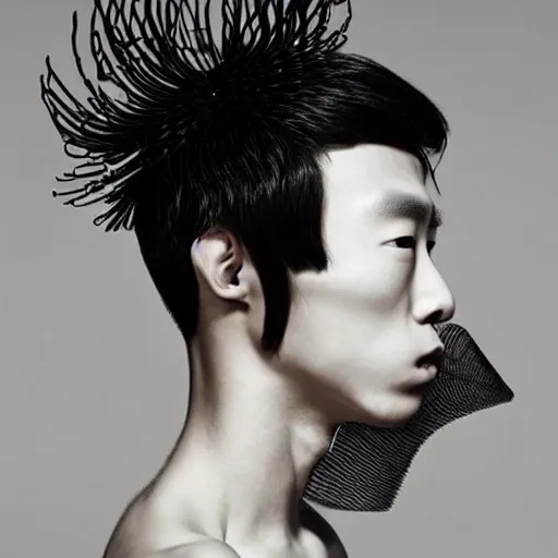 Prompt: a beautiful young korean male alien wearing iris van herpen couture, his hair moves with the wind, photographed by erwin olaf