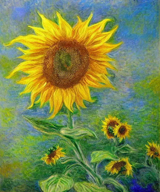 Prompt: sunflower, water painting, monet, heavenly, sun rays, intricate, colorful, highly detailed, soft tones