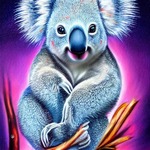 Prompt: luminescent colorful detailed airbrush painting of koala