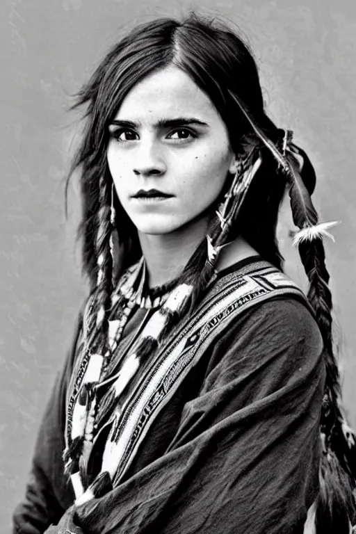 Image similar to “Photo of Native American indian woman Emma Watson, portrait, skilled warrior of the Apache, ancient, realistic, detailed, emma watson”