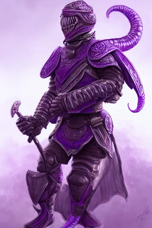 Prompt: male fighter wearing a full plate armor, a giant purple worm is visible in the back, fantasy, intricate, elegant, highly detailed, digital painting, artstation, concept art, smooth, sharp focus, illustration, art by Jovan Delic
