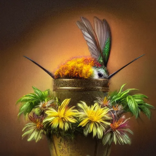 Image similar to long shot of a very fluffy hummingbird chick nesting in a floral cup, esao andrews, by m. w. kaluta, humorous illustration, hyperrealistic, tilt shift, warm colors, night scenery, low light, 3 d octane render, 4 k, volumetric lights, smooth, cosy atmosphere, conceptart, hyperdetailed, trending on deviantart