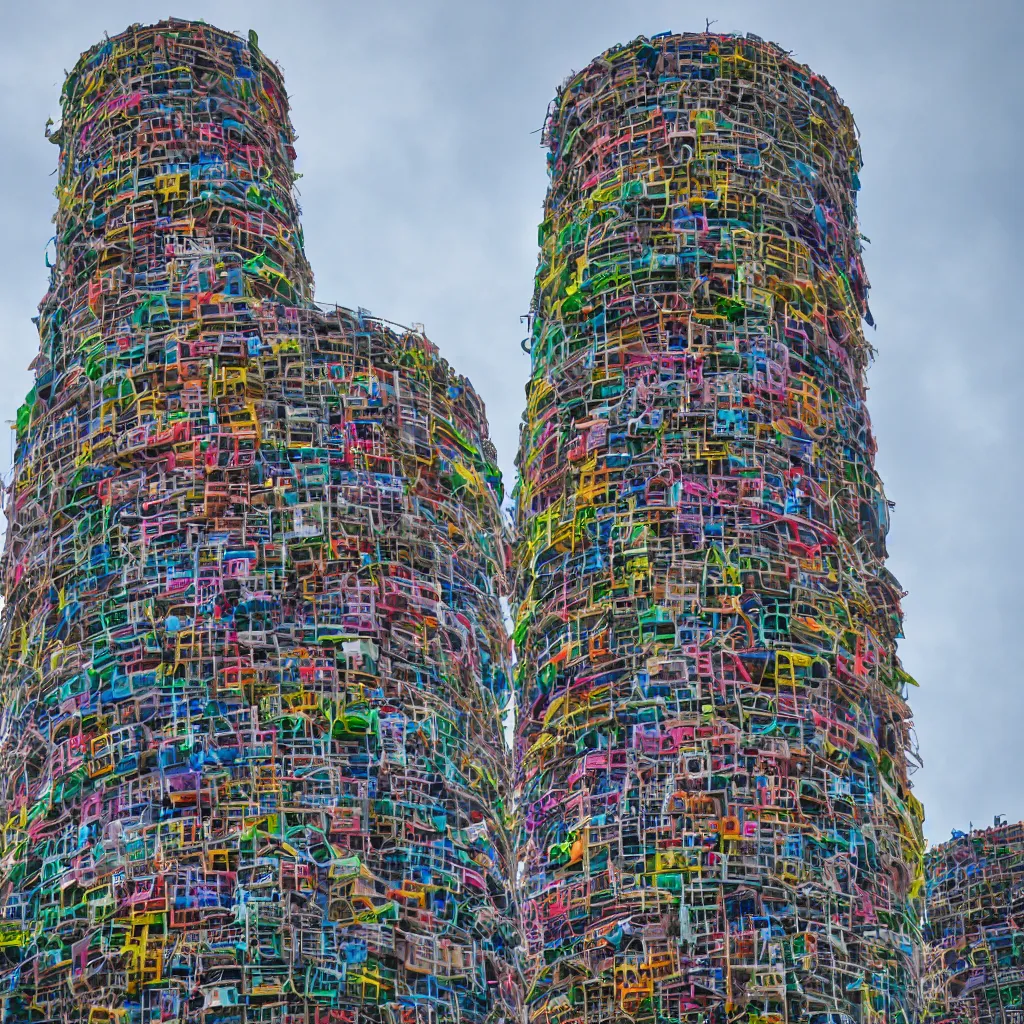 Prompt: a short circular tower, made up of colourful makeshift squatter shacks, vertical blank spaces, dystopia, sony a 7 r 3, f 1 1, fully frontal view, photographed by jeanette hagglund