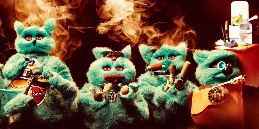 Image similar to a small group of furbies smoking cannabis!!!!! furbies with bongs!! smoking pipes!! and joints!!, smoke! fills the air of a small room, studio lighting, photograph