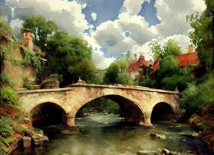 Image similar to watercolor of rustic stone bridge with mural, ivy, summer daylight, bright clear day, clouds, high detailed art by dennis miller bunker, work by anders zorn, wonderful masterpiece by greg rutkowski, beautiful cinematic light, american romanticism by greg manchess, creation by tyler edlin