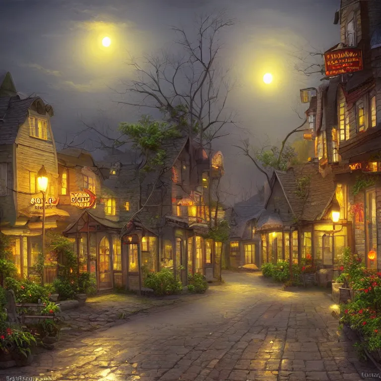 Image similar to town inspired by Evgeny Lushpin stores,cottages,streets,spring, midnight,full moon,cinematic,
