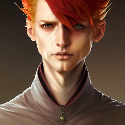 Image similar to portrait of hisoka morow hunter hunter, male, upper body sharp jaw yellow eyes small eyes red hair, medium length hair, anime, fantasy, intricate, elegant, highly detailed, digital painting, artstation, concept art, matte, sharp focus, illustration, art by artgerm and greg rutkowski and alphonse mucha