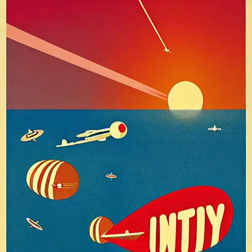 Prompt: go to infinity, a journey by space blimp, travel poster