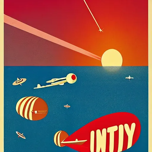 Image similar to go to infinity, a journey by space blimp, travel poster