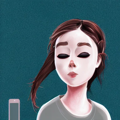 Image similar to girl in pyjamas working on computer, tired bags around eyes, digital art, drawing, artstation