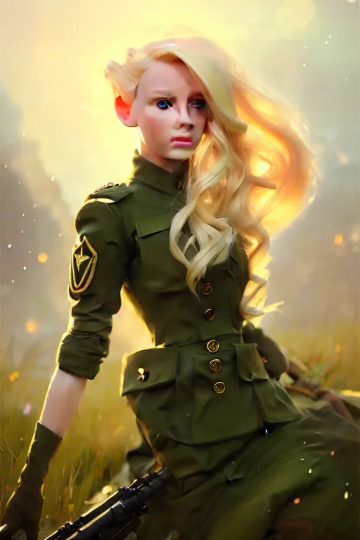 Image similar to cinematic shot of an epic portrait of a cute blonde fairy dressed in military clothes, stylised military clothes, shiny skin, beautiful eyes, beautiful, small details, night setting, realistic poster with volumetric light from craig mallism, artgerm, jeremy lipkin and michael garmash, unreal engine, radiant light, digital art, trends at art station, a masterpiece