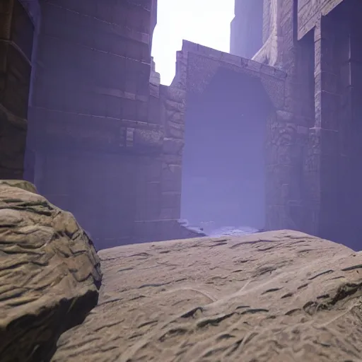 Image similar to chasm surrounded by elevator shafts, blurry, minimalist, unreal engine