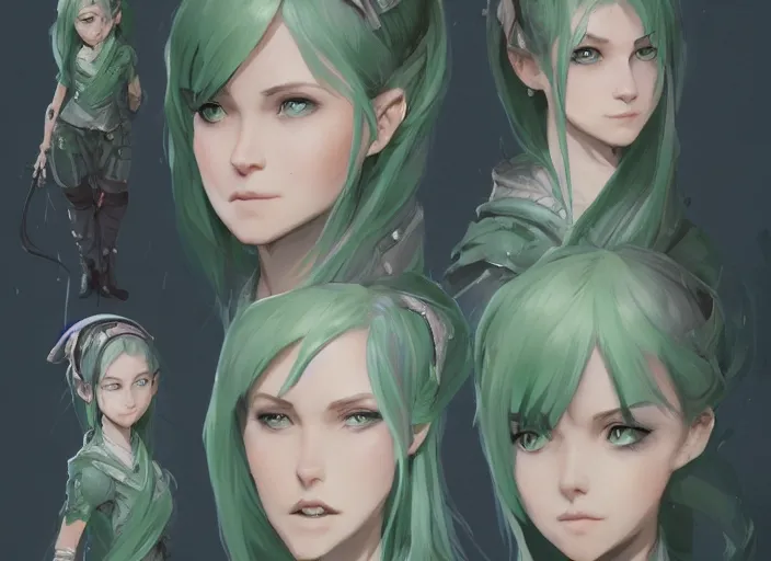 Image similar to character sheet for a beautiful and cute girl for genshin impact by greg rutkowski, black to light green fade hair, genshin impact style, sorcerer magic witch, digital art, trending on artstation, hd, 8 k, highly detailed, good lighting, beautiful, masterpiece