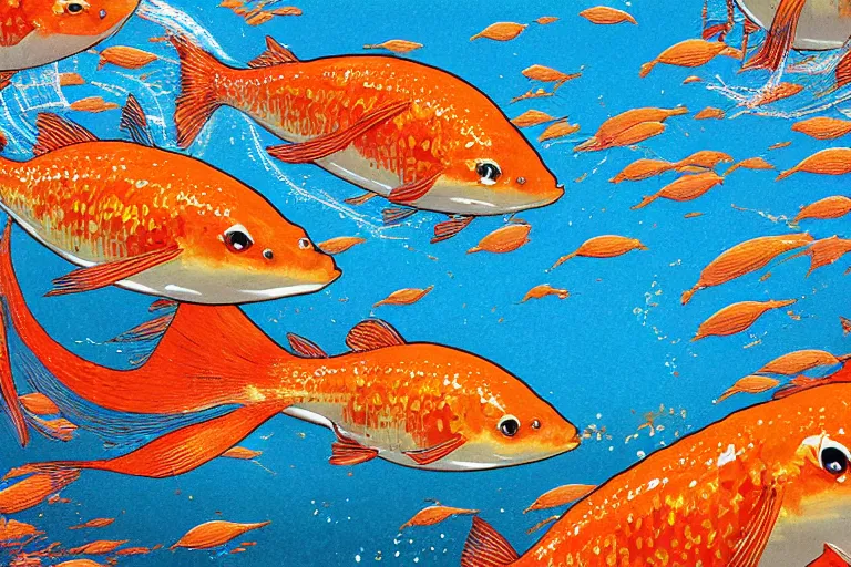 Prompt: portrait of goldfishes swarming the ocean. shadow and light. rays of light. energetic, dynamic, lively, detailed, intricate, complex. fine art by hayao miyazaki, akira toriyama, makoto shinkai, and ohara koson.