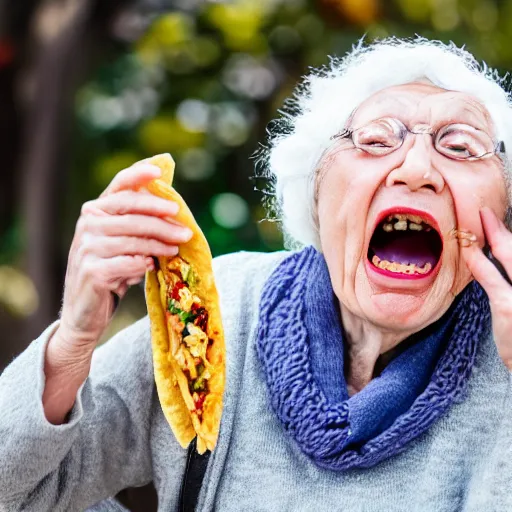 Image similar to elderly woman screaming at a taco, canon eos r 3, f / 1. 4, iso 2 0 0, 1 / 1 6 0 s, 8 k, raw, unedited, symmetrical balance, wide angle