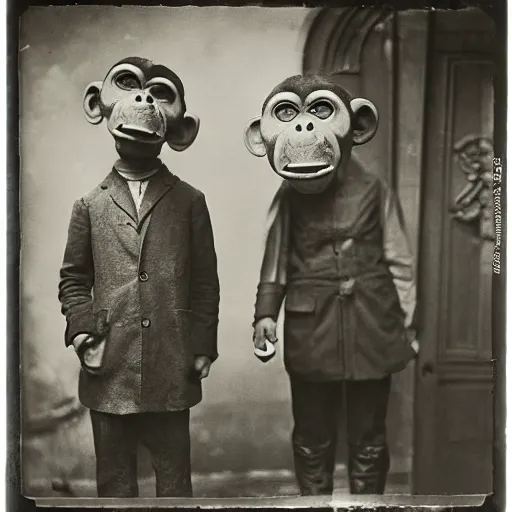 Prompt: portrait of people wearing monkey masks, photograph, style of atget, 1 9 1 0, creepy, dark