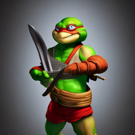 Image similar to teenage mutant ninja turtle michaelangelo holding frying pan full of doornails, wearing white chef hat, volumetric lighting, realistic, photo, artstation