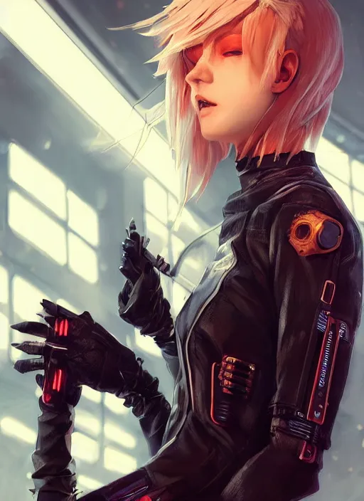 Prompt: beautiful blonde teenage boy rouge assassin, wearing cyberpunk intricate techwear clothing, beautiful, detailed portrait, cell shaded, 4 k, concept art, by wlop, ilya kuvshinov, artgerm, krenz cushart, greg rutkowski, pixiv. cinematic dramatic atmosphere, sharp focus, volumetric lighting, cinematic lighting, studio quality