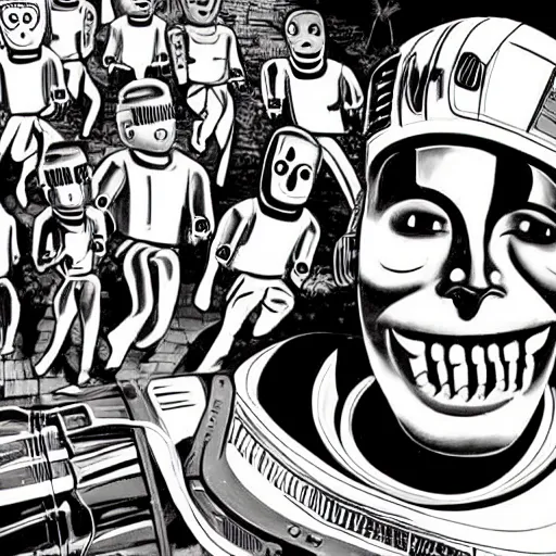 Image similar to in the style of 1960s, A scary robot is chasing after a bunch of scared adults with fully detailed faces, down the street, fully detailed , faces in focus