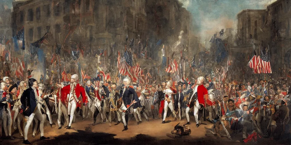 Prompt: the assassination of george washington in times square large croud american flags carrying torches by gerard seghers, the denial of st. peter