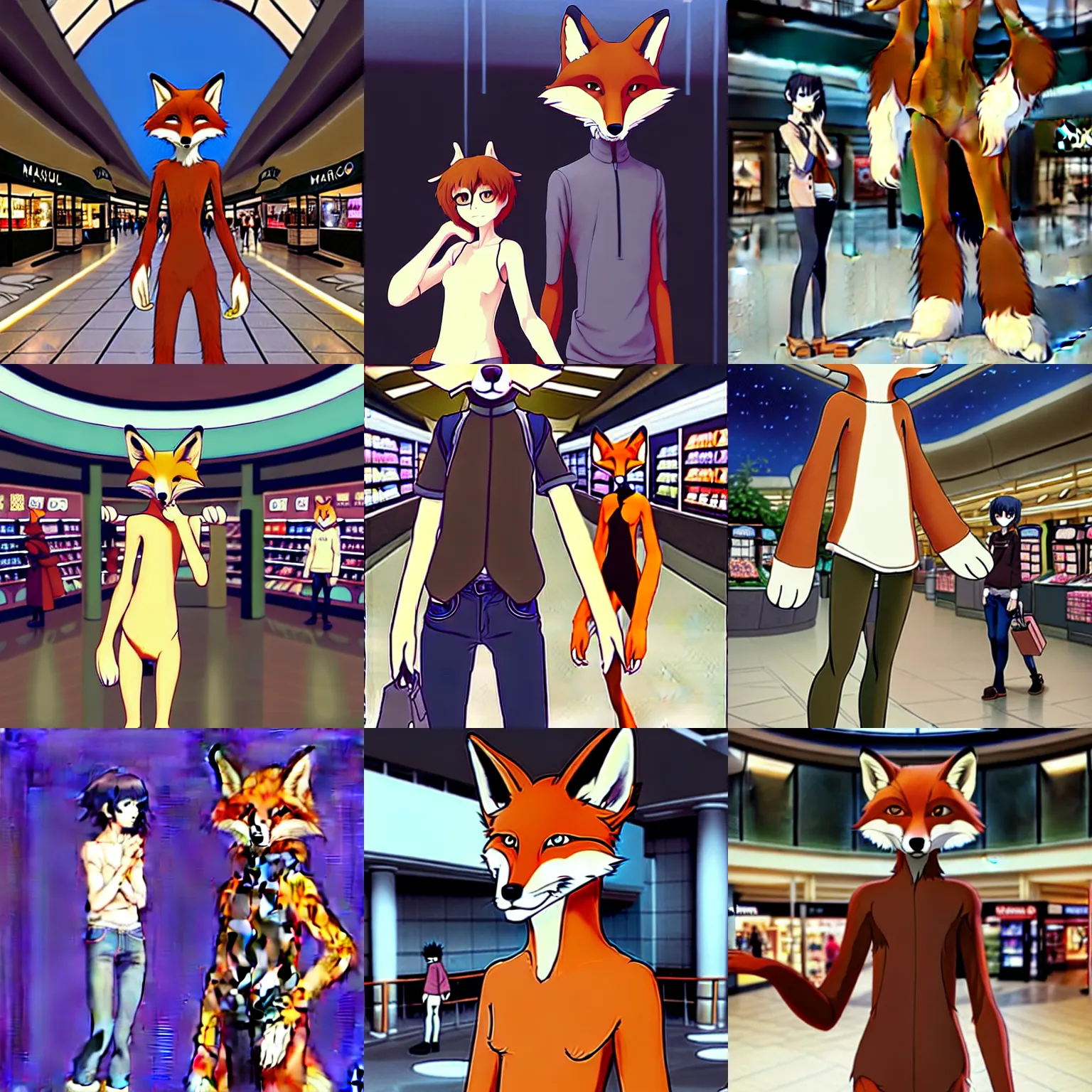 Image similar to an anthropomorphic humanoid natural furry ( ( fox ) ) person shopping at a futuristic mall, photorealistic!!!!, anime!!!!, makoto shinkai, james gurney, don!!!! bluth!!!!, disney, hibbary, dark natasha, goldenwolf, furaffinity, fursona, commission