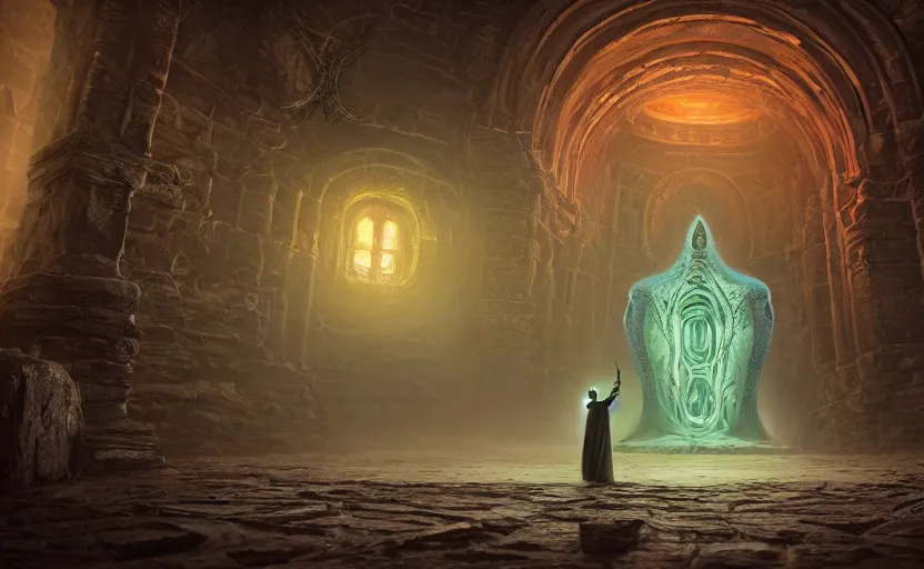 Image similar to priest in front of singular portal hell gate a realistic lovecraft cthulhu creature, filaments, translucent, photorealistic, hyperrealism, high resolution, ultra - detailed, by marc simonetti, natural volumetric lighting, realistic 4 k octane beautifully detailed render, 4 k post, vivid colors