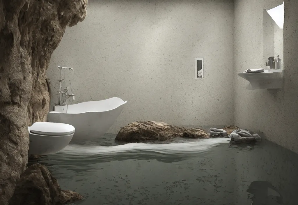 Prompt: kodak portra 4 0 0 photographic and realistic, interior of a bathroom in style of cave, detailed, octane render, unreal engine, 4 k, artstation, hyper realistic, wide angle, floor flooded, how a river, objects that float, 3 5 mm, sharp focus, soft light, volumetric light, in the style of gregory crewdson