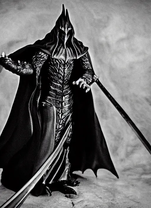 Image similar to the dark lord sauron, in the style of akira kurosawa, cinema, sharp focus, black and white, film grain, photographic