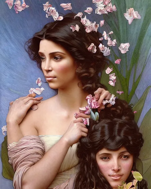 Image similar to an art nouveau portrait painting of a shy, blushing, kim kardashian as a princess lying among flower petals, hair fanned around, intricate, elegant, highly detailed, artstation, concept art, by krenz cushart and donato giancola and william adolph bouguereau and alphonse mucha