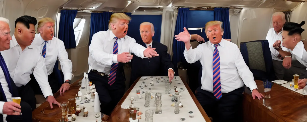 Image similar to donald trump with joe biden and kim jong un playing beer pong on air force one