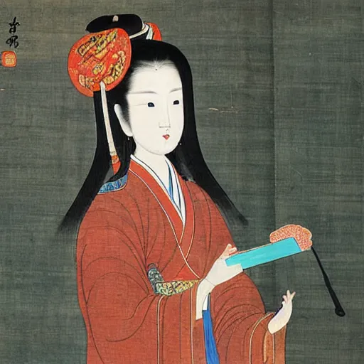 Prompt: the Chinese ancient painting of a lady selfie with iPhone in Tang Dynasty , by Han Xizai