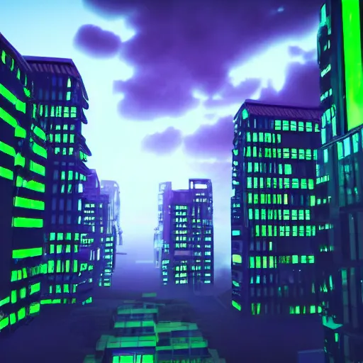 Prompt: sanatic cyberpunk world neon lighting high buildings cloudy sky cinematic lighting