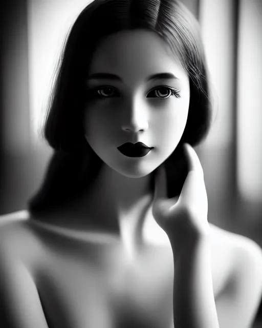 Image similar to black and white dreamy young beautiful female artificial intelligence, cinematic, rim light, photo - realistic, elegant, high detail, 8 k, masterpiece, photo taken in 1 9 3 0