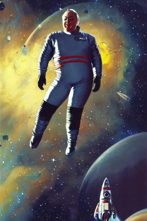 Image similar to portrait of an obese udo kier wearing leather spacesuit, nebula space background and spaceship, illustration by normal rockwell and jacob collins, artstation character art, john berkey, greg rutkowski