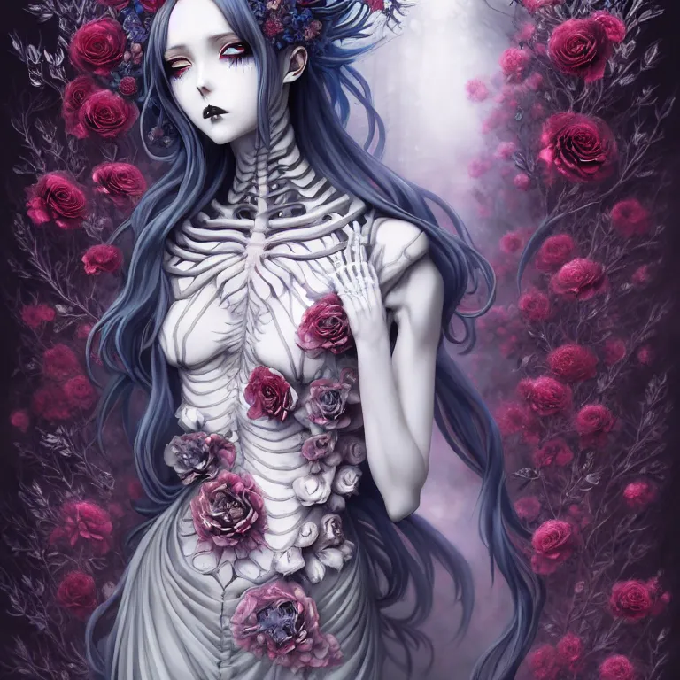 Prompt: stunning anime goddess hybrid skeleton of the floral river flowers, beautiful gothic dress in a dark romance, misty, by cgsociety, in the style of charlie bowater, tom bagshaw, intricate, beautiful, artstation 8 k, high resolutionsparkling atom fractals of jewls cords, by alex grey and hr giger