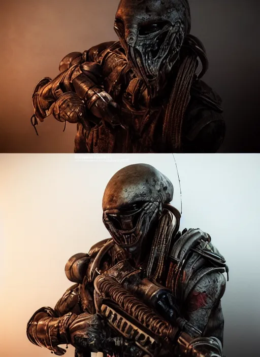 Image similar to a photorealistic dramatic hyperrealistic render of predator the alien hunter, ultra realistic details, well worn, rust, oil stains designed by vitaly bulgarov and mike nash, beautiful dramatic dark moody tones and lighting, cinematic atmosphere, studio lighting, global illumination, shadows, dark background, octane render, 8 k