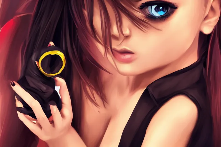 Image similar to cute girl holding karambit, portrait, digital art, realism, 8 k, anime,