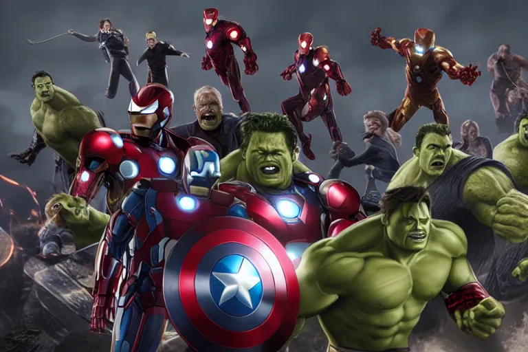 Image similar to avengers with faces switch around, octane render, nvidia, highly detailed, concept art, illustration, cinematic