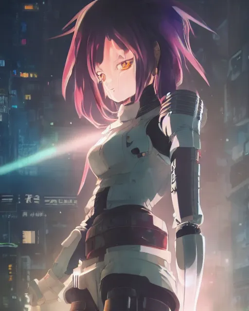 Image similar to portrait of anime girl in mechanic armor in night tokyo by makoto sinkai, my hero academia,cyberpunk, greg rutkowski, perfect face, fine details