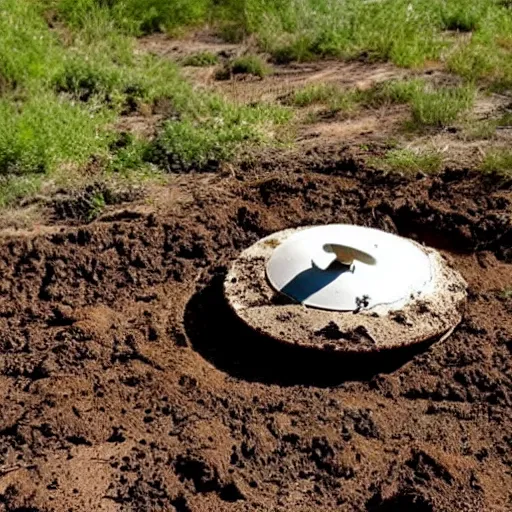 Prompt: a saucer shaped ufo stuck sideways in the dirt after crashing,