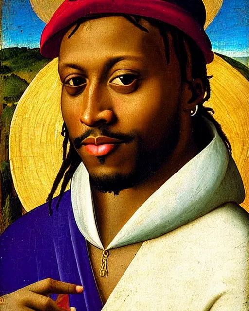 Prompt: rapper juice wrld legend rockstar smiling with medium dreadlocks by fra angelico renaissance painting