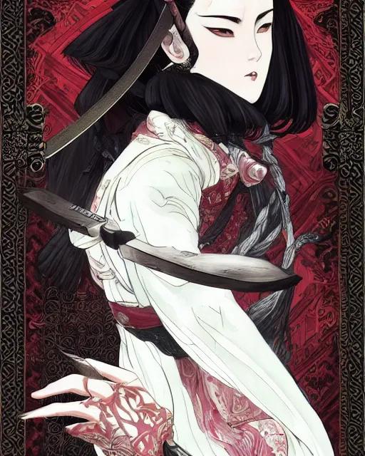 Image similar to lady snowblood movie character, baroque style, elegant, beautiful, mesmerizing, concept art, highly detailed, artstation, behance, deviantart, inspired by innocent manga, inspired by castlevania concept art, trending, ayami kojima, shinichi sakamoto