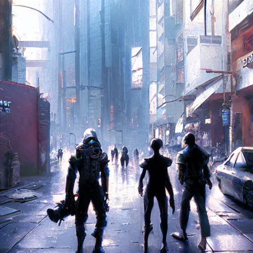 Prompt: cyberpunk people relaxing and walking in the streets, white background, concept art, eddie mendoza, craig mullins