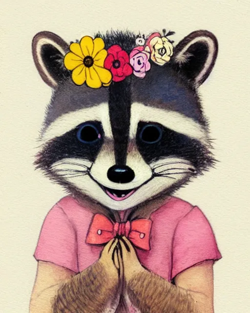 Image similar to a watecolor painting of a smiling happy cute raccoon wearing a flower crown, by antoine de saint - exupery and annabel kidston and naomi okubo and jean - baptiste monge. a child storybook illustration, muted colors, soft colors, low saturation, fine lines, white paper